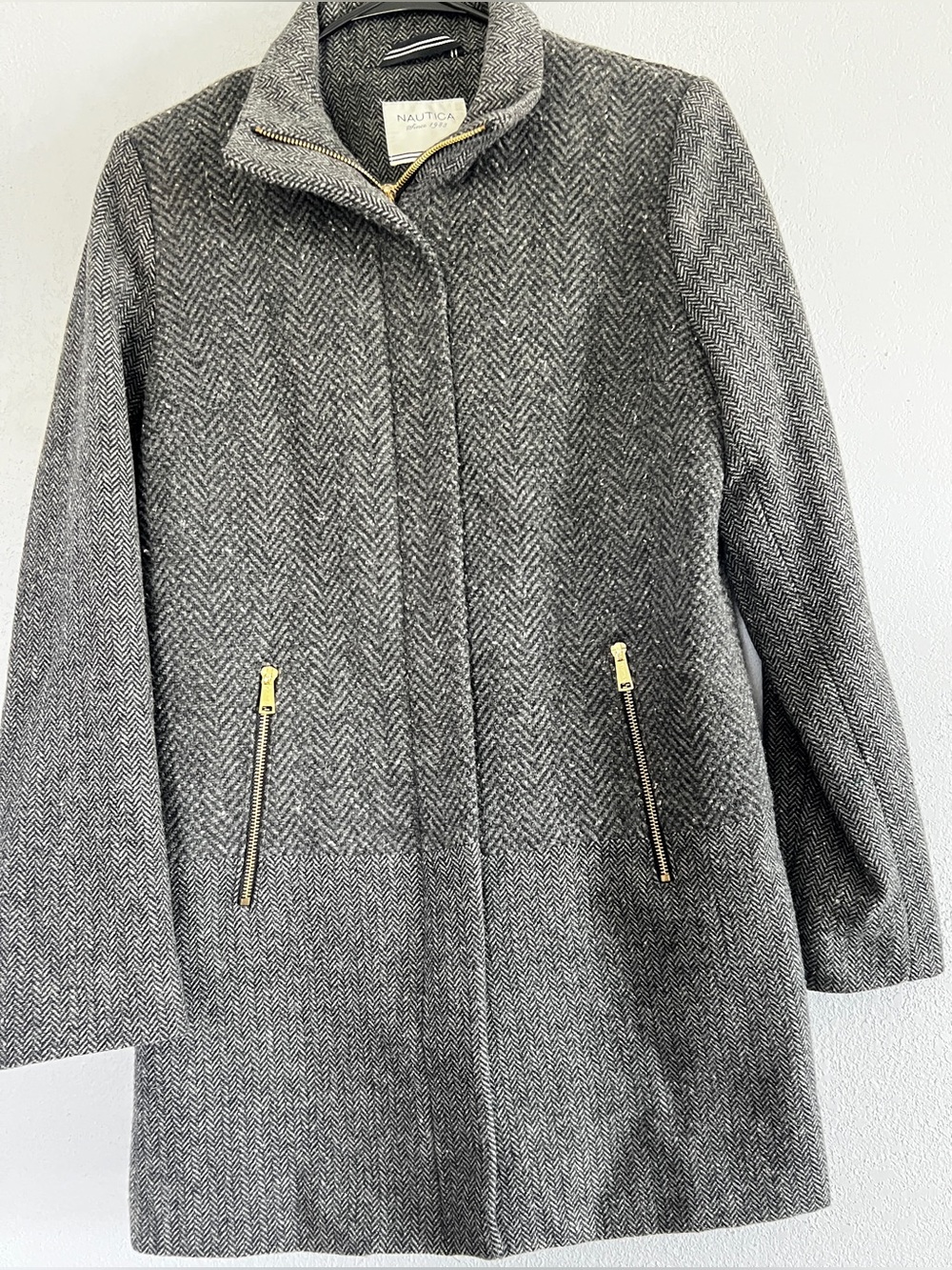 Nautica Women's Small Dark Gray Herringbone Pea Coat with Gold Tone Zippers